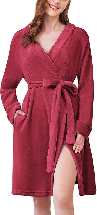 Ekouaer Women's Robes Short Plush Bathrobe Knee Length Warm Soft Jacquard Robe Winter House Coat with Pockets S-XXL