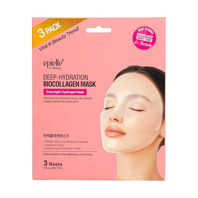 Epielle Deep Hydration BioCollagen Mask 3 Count, Overnight Hydrogel Facial Mask with 500DA Ultra-Low Molecular Collagen, Hyaluronic Acid & Galactomyces Ferment Filtrate, Korean Skin Care