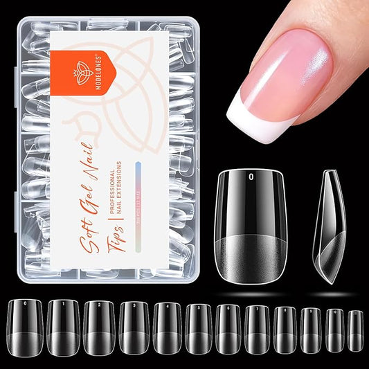 modelones Short Square Nail Tips, Pre-shaped Soft Gel Tips Fake Nails False Acrylic Clear Full Cover Press on Extension Gel Kit Manicure DIY at Home 216PCS 12Sizes