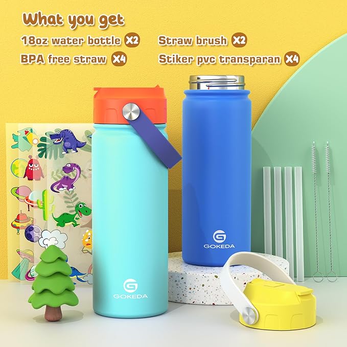 18oz Kids Water Bottle, 2 Pack Insulated Bottles with Stickers, 18/8 Stainless Steel Vacuum Leak Proof Straw Cup for School, Gifts for Boys Girls(Yellowe+Orange)
