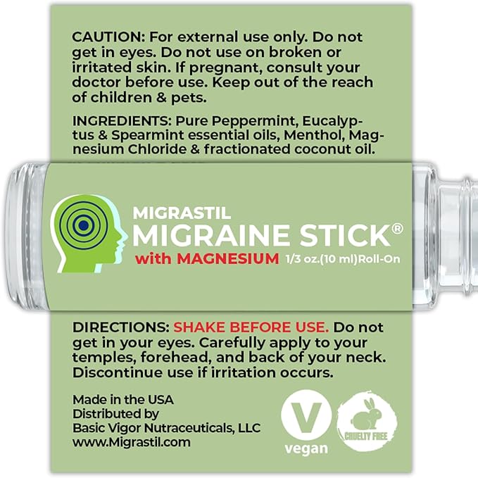 MIGRASTIL Migraine Stick with Magnesium Cooling Peppermint Eucalyptus Essential Oil Topical Magnesium for Headache Support. Made in The USA 10 ml