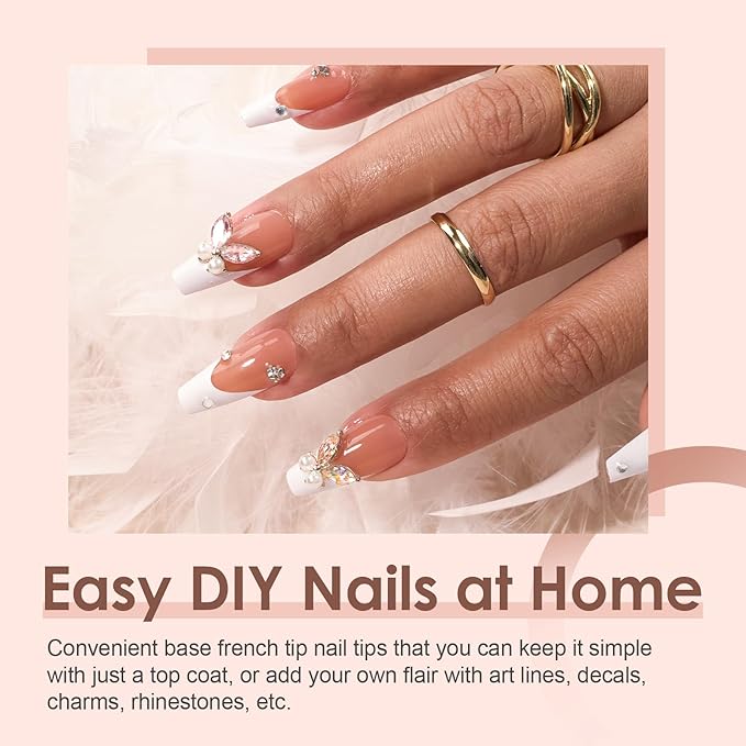 Canvalite French Tip Press on Nails Gel Nail Tips - 300Pcs Pre-Colored Quick and Easy Fake Nails with Designs Coffin Nails Tips Press on Nails Long DIY Nail Extensions, Nude White