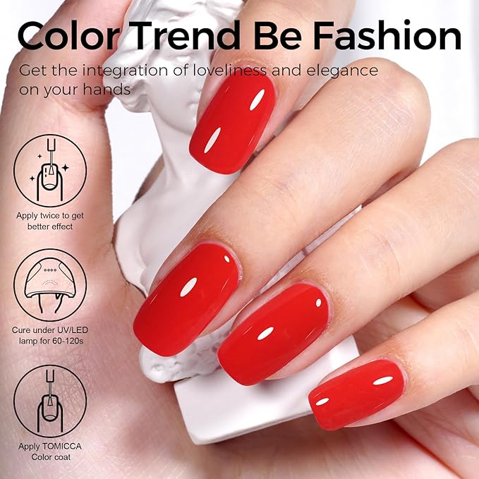 TOMICCA Red Gel Nail Polish,15ml Bright Red Gel Polish,Soak Off UV LED Cure Needed，Pure Color Long Lasting Nail Art Manicure Salon DIY Design