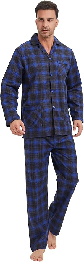 GLOBAL Men's Pajamas Sets 100% Cotton Flannel Sleepwear Long-Sleeve top & Bottom
