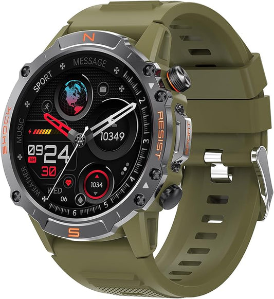 WalkerFit Military Rugged Smart Watch for Men 1.43" AMOLED Smartwatch, Always-on, IP68 Waterproof for Swim, HR Sleep Monitor, Bluetooth Call Fitness Watch for iPhone Andriod Compatible, Army Green