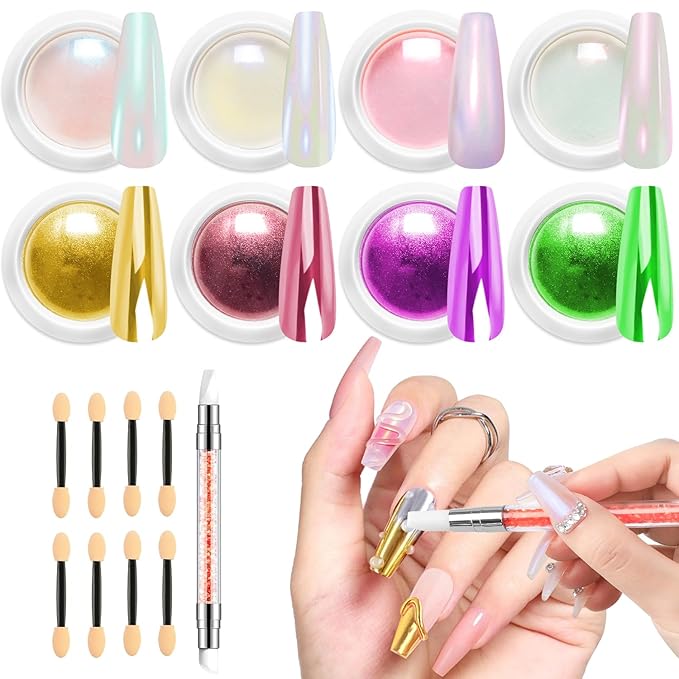 Gold Chrome Nail Powder BISHENGYF -【Fairy Effect】Pink Chrome Nail Powder White Pearl Aurora Mermaid Iridescent Rose Gold Red Nail Chrome Powder Metallic Mirror Glitter Pigment Dust for Nail Art DIY
