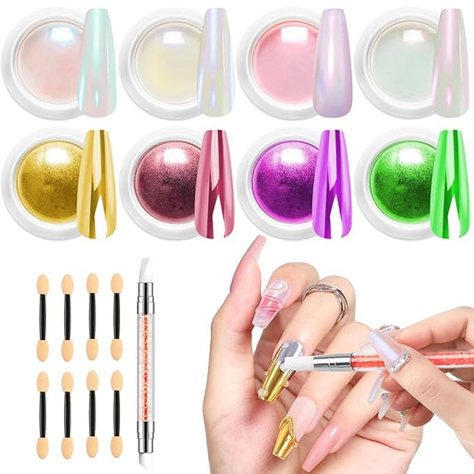 Gold Chrome Nail Powder BISHENGYF -【Fairy Effect】Pink Chrome Nail Powder White Pearl Aurora Mermaid Iridescent Rose Gold Red Nail Chrome Powder Metallic Mirror Glitter Pigment Dust for Nail Art DIY