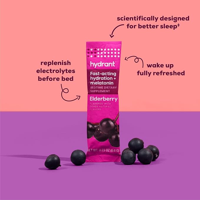 HYDRANT Sleep, Individual Hydrating Rest and Recovery Powder Stick Packets with a Blend of Melatonin, L-Theanine, Magnesium, & Chamomile (Elderberry, 30 Pack)