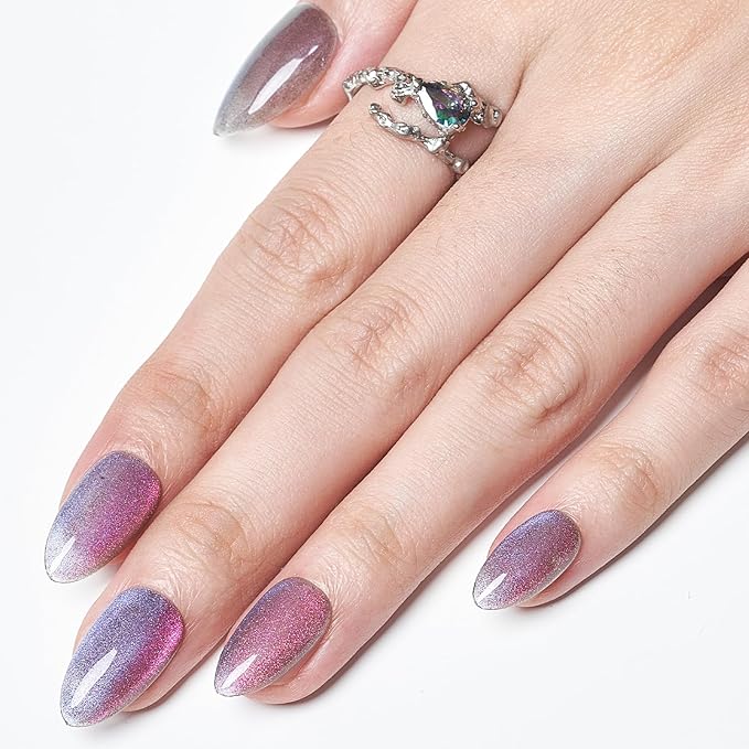 GLAMERMAID Pink Blue Magnet Cat Eyes Press on Nails Short Almond, Handmade Chameleon Gel Fake Nail Kit, Ombre Purple Glitter Magnetic Glue on Nail Stiletto, Medium Oval Stick False Nail Set for Women