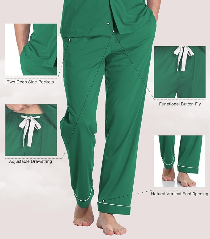 COLORFULLEAF Men's 100% Cotton Pajamas Set Button Down Sleepwear Short Sleeve and Long Pants Pjs