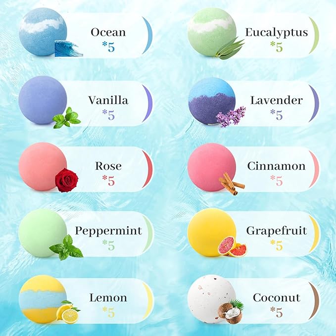 TranquilBliss Bath Bombs Set 50 PCS with 10 Rich Scents, Bath Bombs for Women, Natural Bubble Bombs with Shea Butter & Safe Oil, Ideal for Christmas, Birthday, Mother's Day Present (Brown)
