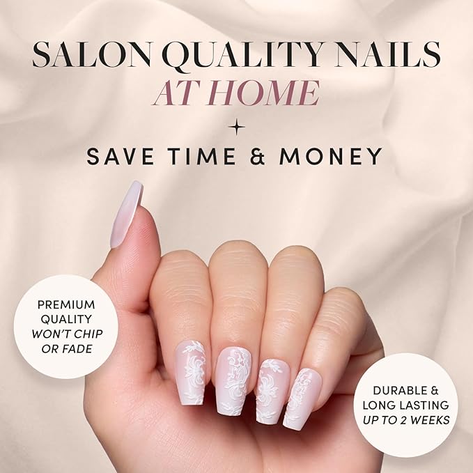 Glamnetic Press On Nails - Lace Blush | Glossy, Matte, Opaque, Medium Coffin Nails, with Lace Detailing, Salon Quality | 15 Sizes - 30 Nail Kit with Glue