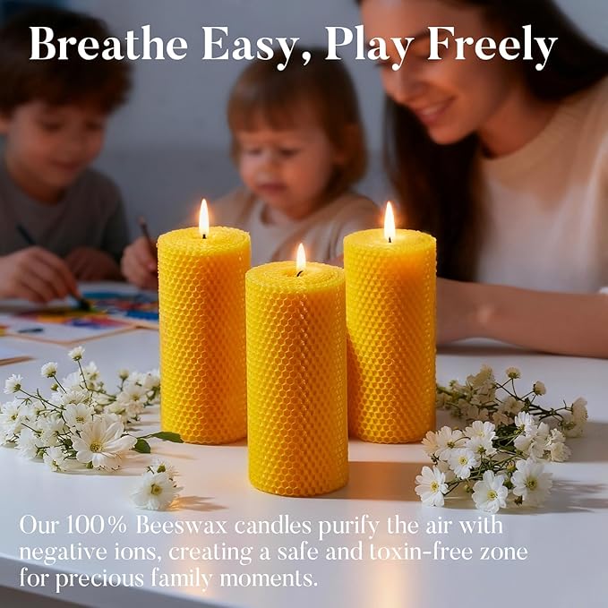 Beeswax Pillar Candles, 3x6 Inch -Set of 3 Hand-Rolled Honeycomb Candle - Long Burning 135+ Hours, Dripless Smokeless Unscented Handmade Beeswax for Home Decor, Prayer, Wedding,SPA