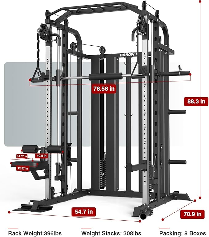 DONOW Smith Machine with Weight Stacks Home Gym Sytem Power Cage Squat Rack Dual Cable Crossover Machine All in One