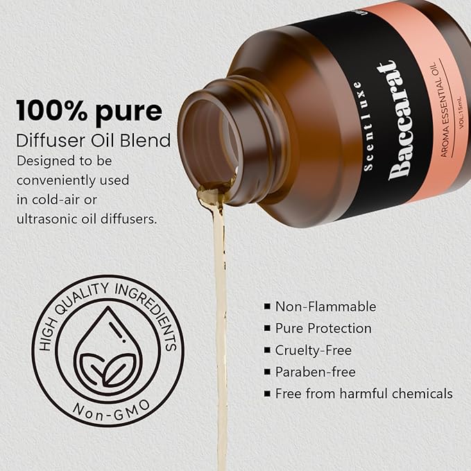 Hotel Diffuser Oil & Fragrance Scent Oil Inspired Baccarat - Essential Oil Blend for Home HVAC, Cold-Air & Ultrasonic Diffusers 15mL Glass Dropper Bottle with Luxury 5-Star Hotel Aromatherapy