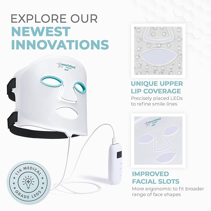 7 Colors LED Face Mask with Near-Infrared - Blue, Red Light Therapy for Face - 114 LEDs - Skincare Tool for Wrinkles, Anti-Aging