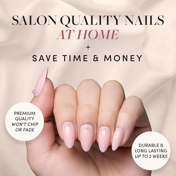 Glamnetic Press On Nails - Wifey | Short Almond Fake Nails, Nude with 3D Nail Art and Glossy Finish, Salon Quality | 15 Sizes - 30 Nail Kit with Glue