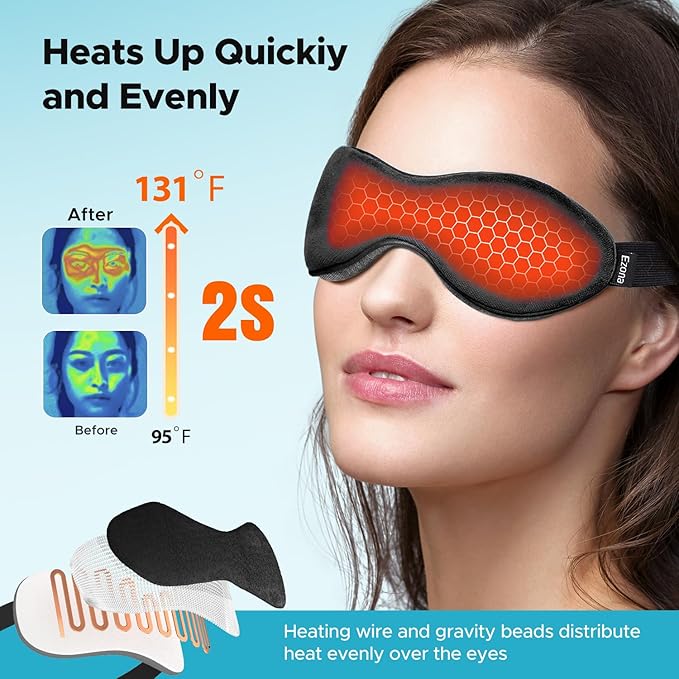 Ezona Heated Eye Mask, Warm Eye Compress Mask for Dry Eyes, USB Electric Eye Heating Pad with Temperature & Timer Control, Dry Eyes, Blepharitis, Sinus Migraine (Black)