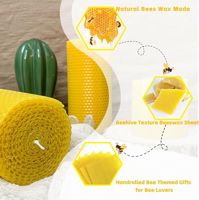Beeswax Pillar Candles Set of 3, Size 3"x6", 3"x 4" & 3"x 3", Natural Bees Wax Candle Sheet Handrolled for Home Décor, Yellow