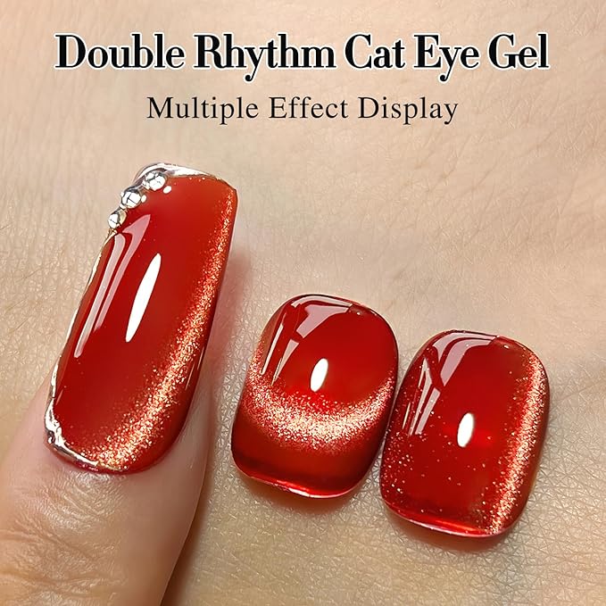 Double Rhythm 0.5 OZ Cat Eye Gel Polish with Magnet 15ML Holographic Glitter Shimmer Translucent Jelly Color Magnetic Nail Polish Salon DIY at Home (Red-MC1055)