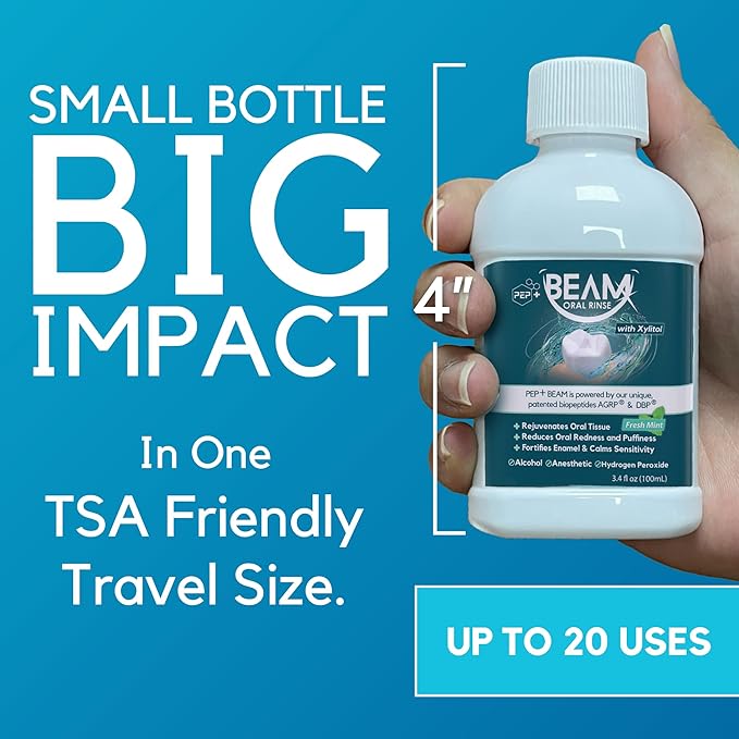 PEP+ BEAM Oral Rinse with Peptides & Xylitol – Travel Size Mouthwash for Gum Health, Fresh Breath & Oral Comfort – Alcohol Free Mouthwash for Adults & Kids – Non Toxic Mouth Rinse – 3.4 fl oz (2 Pack)