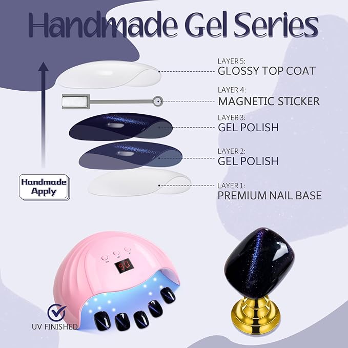 GLAMERMAID French Tip Magnet Cat Eyes Press on Nails Short Almond, Nude White Handmade Jelly Gel Fake Nail, Ombre Pearl Glitter Magnetic Glue on Nail Stiletto, Medium Oval Stick False Nail for Women