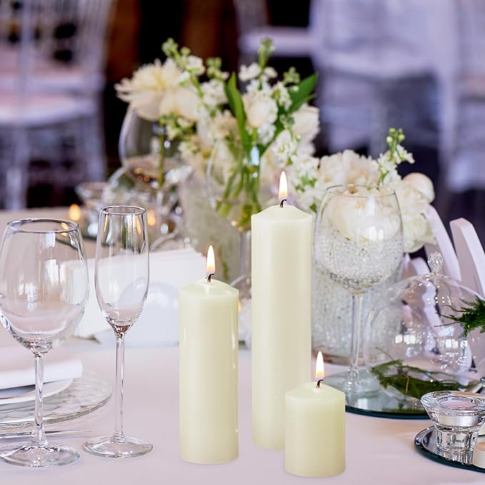 MTLEE 18 Pcs Set of 3 Pillar Candles Bulk 2 in x 3, 6, 8 Long Burning Clean Unscented Smokeless Pillar Candles for Wedding Emergency Lanterns Ceremony Party (Ivory White)