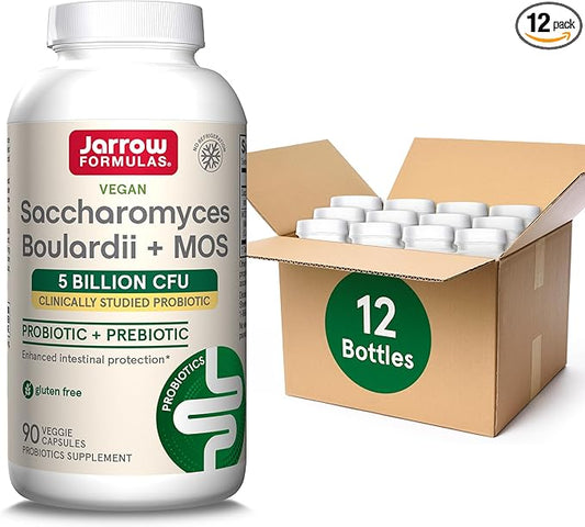 Jarrow Formulas Saccharomyces Boulardii Probiotics + MOS 5 Billion CFU Probiotic Yeast for Intestinal Health Support, Gut Health Supplements for Women and Men, 90 Veggie Caps, 90 Day Supply,Pack of 12