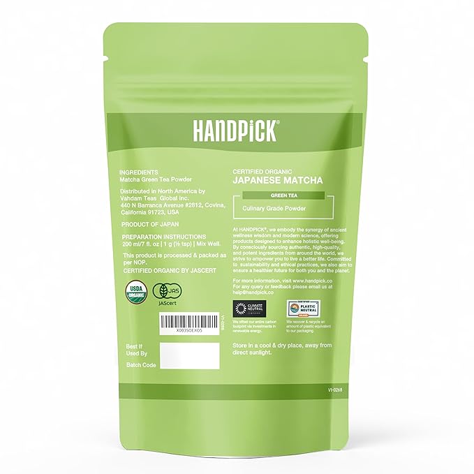 HANDPICK Japanese Organic Matcha Green Tea Powder (100 Servings) - Authentic Premium Second Flush Harvest | Resealable Ziplock Pouch