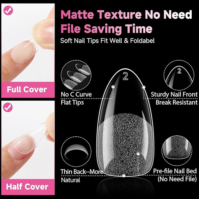UNA GELLA 504Pcs Medium Pointed Almond Nail Tips, Pre-shape Almond Gel Nail Tips Half Matte Full Cover Acrylic Clear Press on Fake Nails Tips for Nail Extension Nail Art DIY Salon 12 Sizes