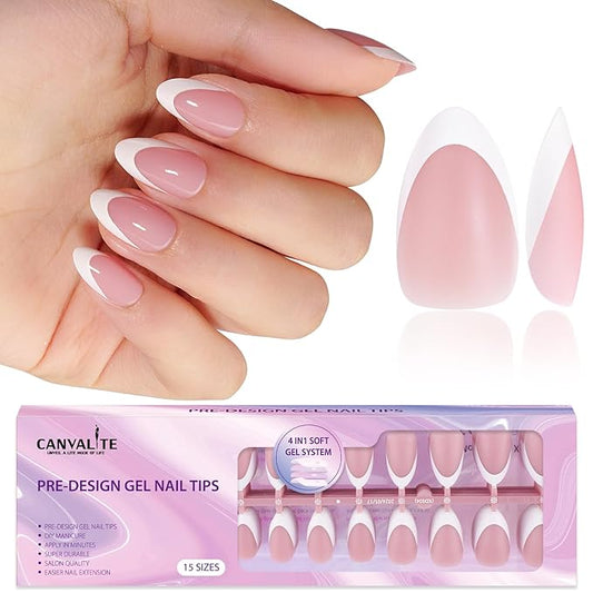 Canvalite French Tip Press on Nails - 300Pcs Pre-Colored Short Gel Nail Tips, Quick and Easy Almond Fake Nails With Designs, DIY French Tip, Pink White