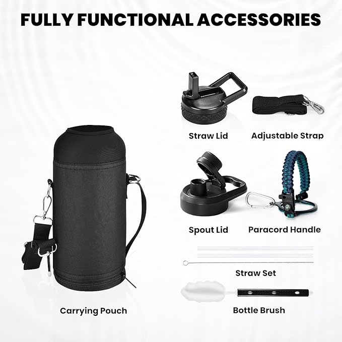 Insulated Water Bottle 32 oz, Triple Wall Vacuum Stainless Steel (Cold for 48 Hrs), Leak Proof & Non-BPA, Modern Water Flask Jug with Paracord Handle & Straw Spout Lids, Cyan Blue