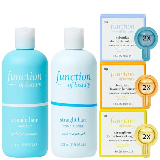 Function of Beauty Straight Hair Shampoo + Conditioner (11 oz Each) + Volumize, Strengthen & Lengthen #HairGoal Boosters Set - Sulfate-Free, Formulated to Hydrate and Seal in Moisture