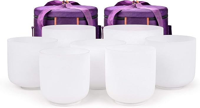 TOPFUND 6-10" 432Hz Chakra Set of 7 Crystal Singing Bowls with Heavy Duty Carrying Cases and Mallets