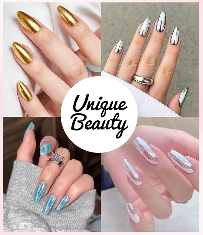 Gold Chrome Nail Powder - Sparkly Laser Holographic Nail Powder Metallic Mirror Effect Silver Nail Chrome POwder, White Pearl Pigment Holo Iridescent Glitter Dust Kit, Nail Art Decoration