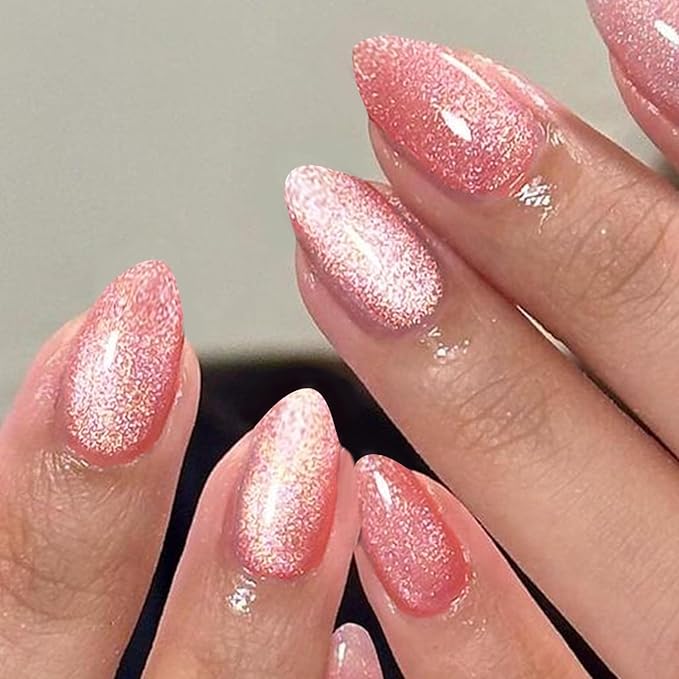 GLAMERMAID Pink Magnet Cat Eyes Press on Nails Short Almond, Handmade Jelly Gel Fake Nail Kits, Ombre Glitter Magnetic Glue on Nail Stiletto, Aurora Medium Oval Stick on False Nail Set for Women