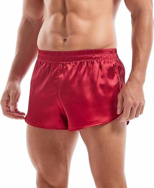 AMY COULEE Mens Satin Shorts Silk Boxers Sexy Split Side Lounge Shorts 3 Inch Pajama bottoms
