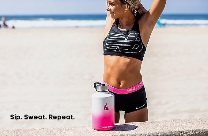 HYDRO CELL Stainless Steel Insulated Water Bottle with Straw - For Cold & Hot Drinks - Metal Vacuum Flask with Screw Cap and Modern Leakproof Sport Thermos for Adults (White/Pink 64oz)