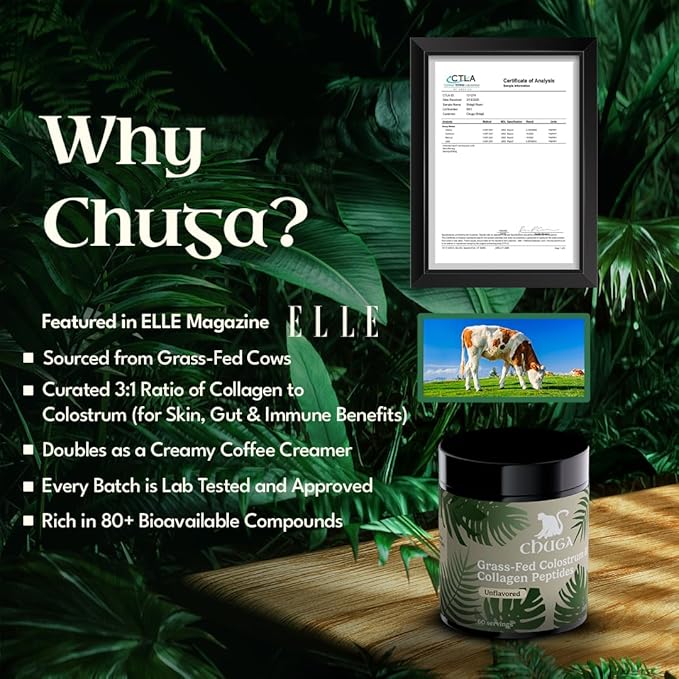 Chuga Grass Fed Colostrum & Collagen Peptides 60 Servings | Enhances Hair & Nails | Glowing Skin | Gut Wall Strengthening