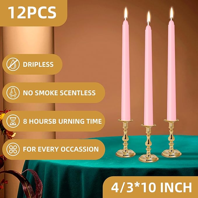 12 Pack Pink Taper Candles - Taper Candles 10 Inch Dripless, Smokeless & Unscented - 8 Hours Long Burning - Ideal for Weddings, Dinner Parties, and Home Decor
