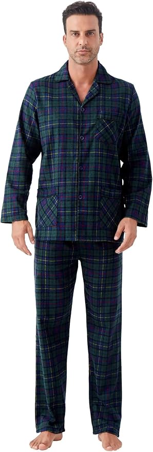 GLOBAL Men's Pajamas Sets 100% Cotton Flannel Sleepwear Long-Sleeve top & Bottom