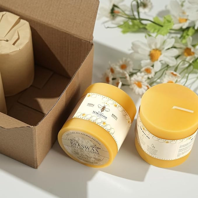 4 Pack 100% Pure Beeswax Candles,180 Hours Long Burning-Natural Beeswax Pillar Candles for Emergency,Unscented Bees Wax Candles for Home,Paryer,Parties,Pillar Candle Bulk 2.8x3in