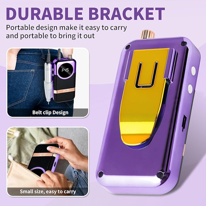 LIMEGIRL Professional Electric Nail Drill Kit 45000RPM Portable Cordless Toenail Cordless Toenail Machine with 14 Drill Bits and Base for Women (Purple)