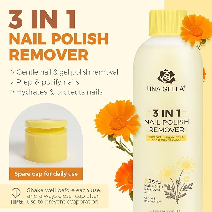 UNA GELLA Acetone Nail Polish Remover, Soak Off Gel Nails Polish Remover With Easy Use Cap, Healthy Formula Works For Nail Glue 8 Fl Oz, Calendula Scent