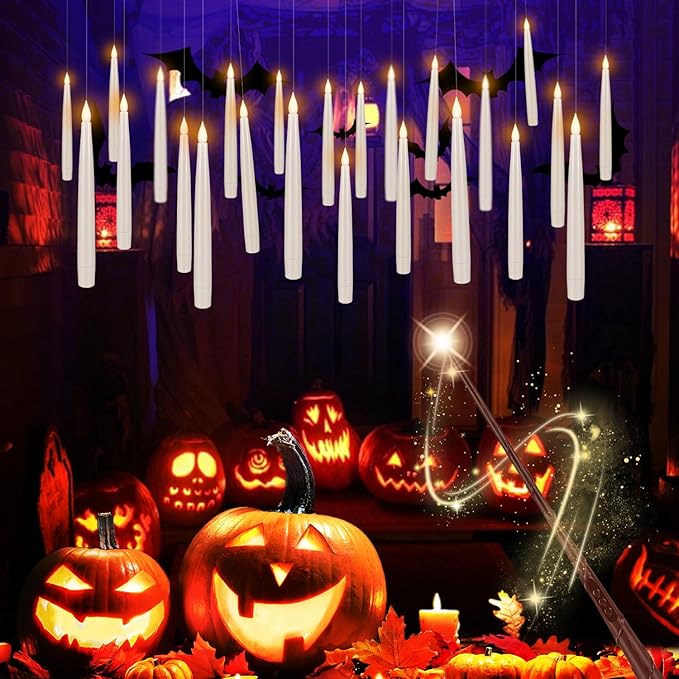 24PCS Floating Candles with Wand, Magic Hanging Candles, Flickering Warm Light LED Taper Flameless Candles with Wand Remote for Halloween,Christmas Party Decorations Indoor Deco,Bset Gift.
