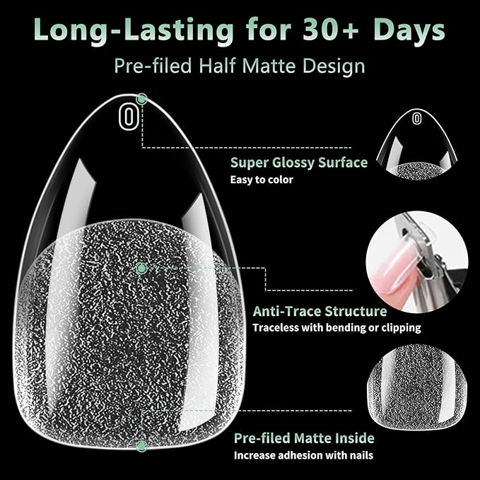 Short Almond Nail Tips, 216pcs Soft Acrylic Fake Nails Gel Nail Tips, Full Cover Pre-Shaped Matte Clear Press on Nails for Extension, Diy at Home Manicure 12 Sizes