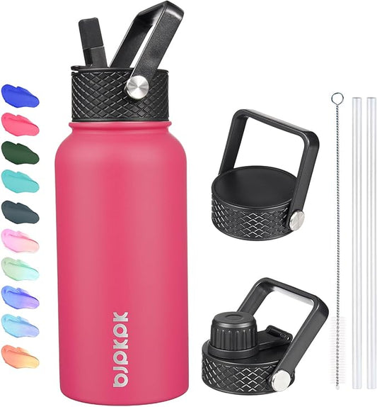 BJPKPK Insulated Water Bottles with Straw Lid, 27oz Stainless Steel Water Bottle with 3 Lids, Leak Proof BPA Free Metal Thermo, Mugs, Tumblers, Keep Cold Hot - Rose Pink