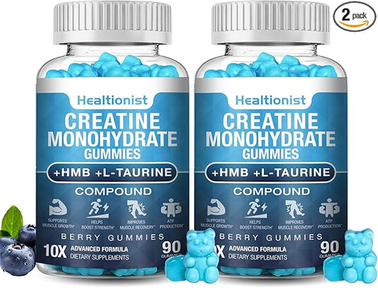 2 Pack 8000MG Creatine HMB Monohydrate Gummies for Men & Women,L-Carnitine, L-Taurine & Vitamin B6 12, 180 Blueberry Flavor Counts Supplement Gummies (60-Day Supply)