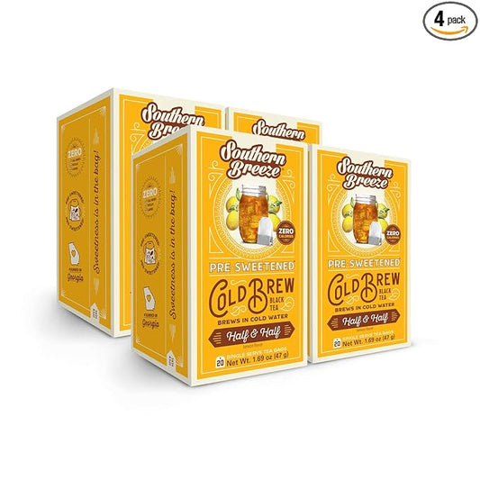 Southern Breeze Cold Brew Sweet Tea Half and Half Iced Tea with Black Tea and Zero Carbs Zero Sugar, 20 Individually Wrapped Tea Bags, Pack of 4