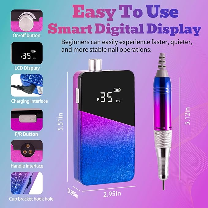 Nail Drill Portable Electric Nail File 35000RPM Electric Nail Drill Cordless Professional with Bits for Acrylic Gel Nails Nail E-File Machine Manicure Polishing for Salon Home (Snowflake Blue)